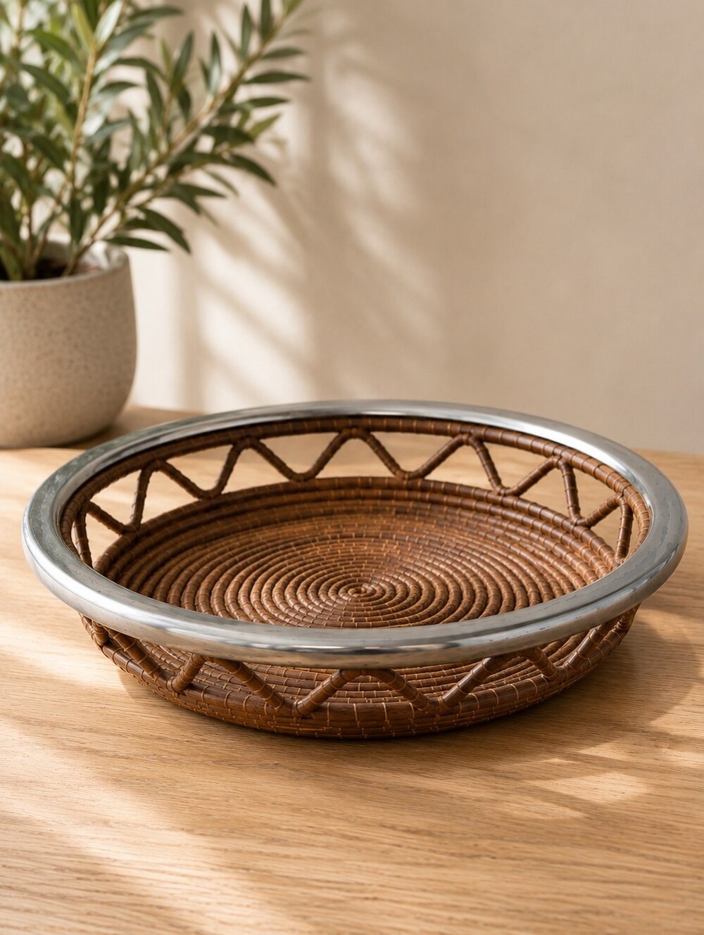 Vintage Rattan & Metal Rim Serving Tray / Boho Woven Basket Centerpiece
